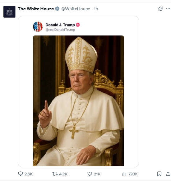 配资公司股票分享 特朗普发自己身穿教皇服图片，白宫竟转发